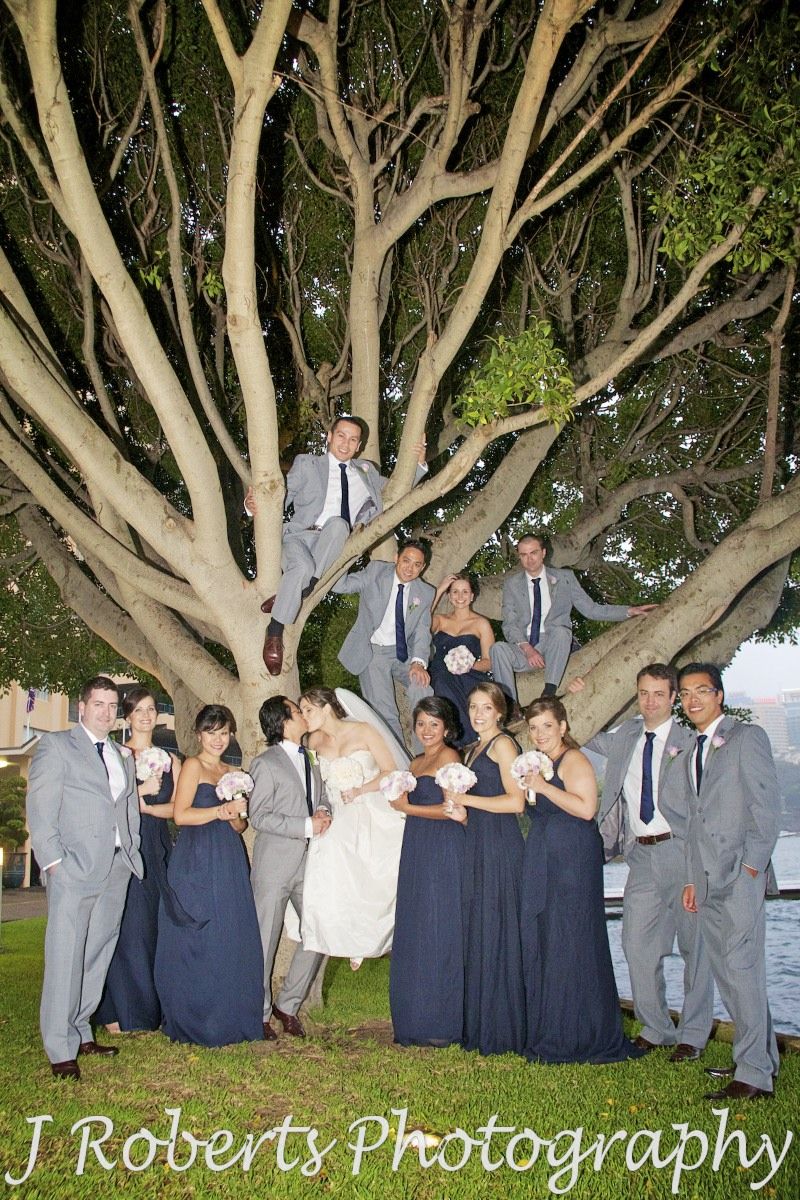 Bride and groom kissing in a tree with bridal party around - wedding photography sydney